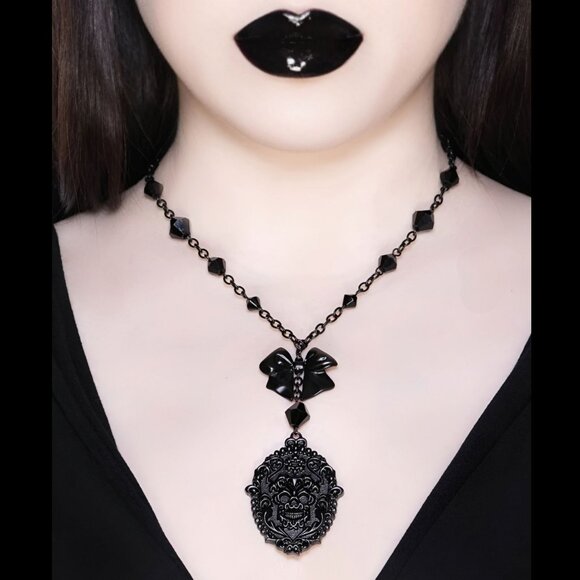 Killstar Jewelry - Killstar Madame Morte Black & Silver Coffin Pendant Necklace w/ Skull & Rose